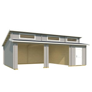 Lichtgraue Lasita Garage Hawaii aus Holz, 780x520cm, mit zwei Stellplätzen und Abstellraum.