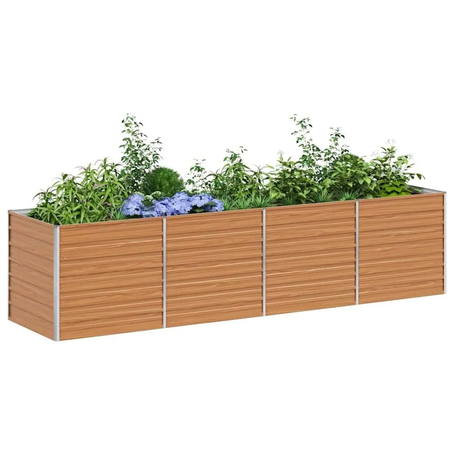 Hellbraunes vidaXL Hochbeet aus verzinktem Stahl, bepflanzt mit Blumen und Grünpflanzen.