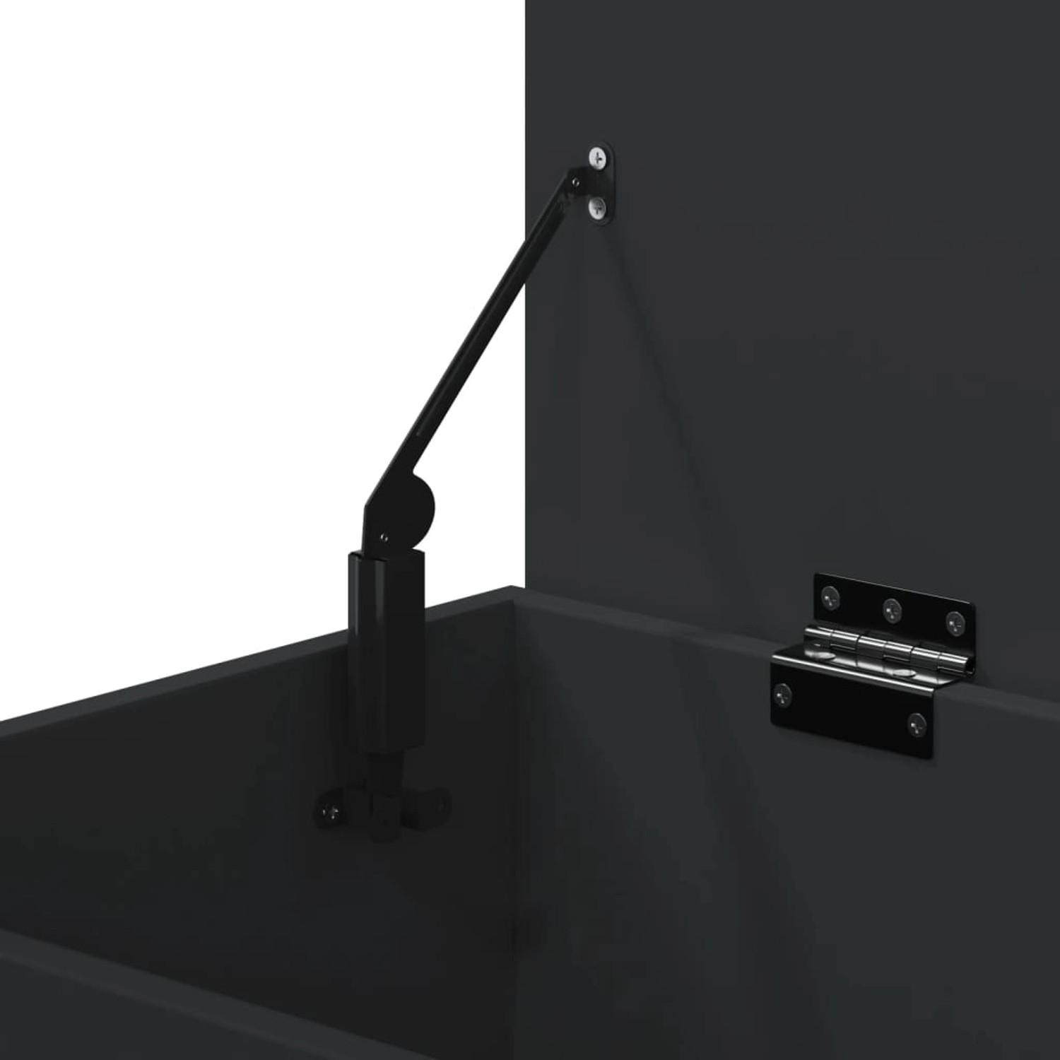 Geöffnete, schwarze vidaXL Aufbewahrungstruhe (84x42x46 cm) aus Holzwerkstoff, Detailansicht der Scharniere.