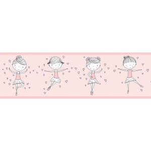 Rosa Kindertapete mit Ballerinen-Motiv, selbstklebende Bordüre für Mädchenzimmer.