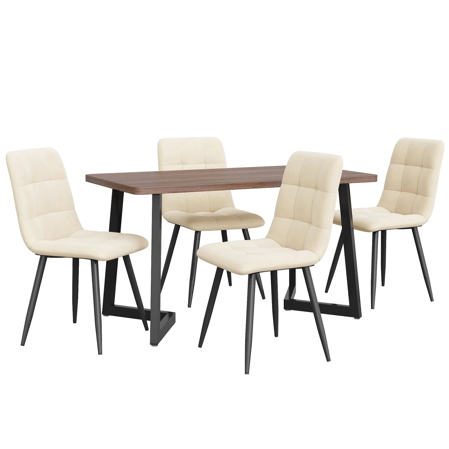 Merax Essgruppe 5-tlg mit Esstisch Holzoptik  4 Samtstühle Beige  MDF Walnuss  Metallbeine Schwarz