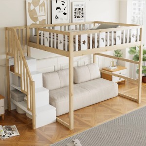 Merax Hochbett aus Massivholz mit weißer Treppe, Stauraum und Stern-Mond-Motiven. Gemütliches Sofa darunter.