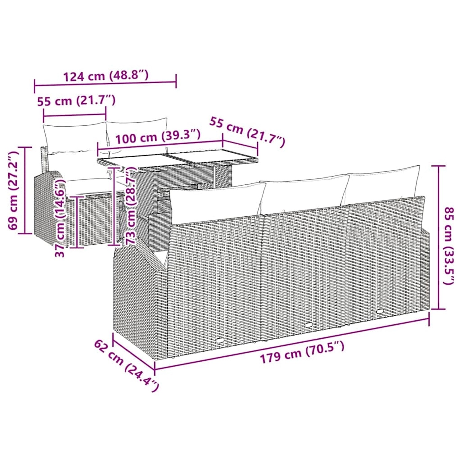 Graues 6-tlg. vidaXL Garten-Sofa-Set aus Poly Rattan mit Tisch und Kissen, Maße sind eingezeichnet.