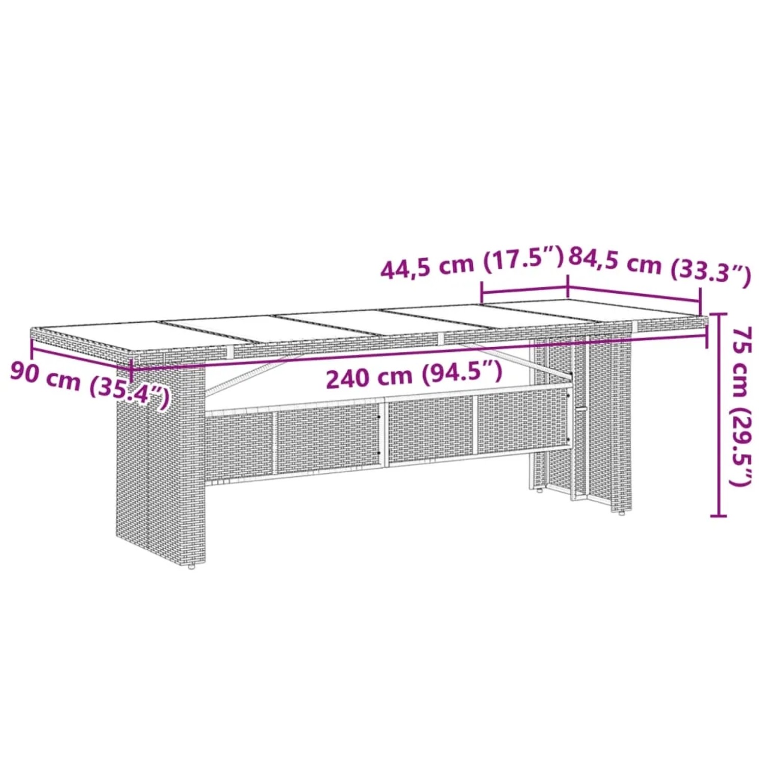 vidaXL Garten-Esstisch, grau, Poly Rattan, 240x90x75cm, Maße dargestellt