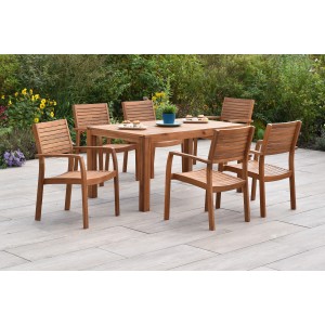 Merxx Batavia Gartenmöbel-Set mit 6 Stapelsesseln und ausziehbarem Akazientisch (150-200x90 cm).