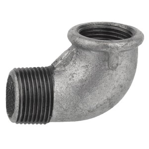 Verzinkter Kirchhoff Winkel 90° mit Innen- und Außengewinde (3/4 Zoll) für Rohrverbindungen.