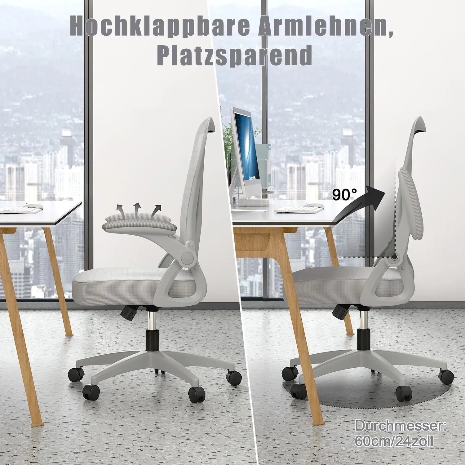 Grauer Rattantree Drehstuhl mit Mesh-Lehne, Klapparmlehnen und Höhenverstellung.
