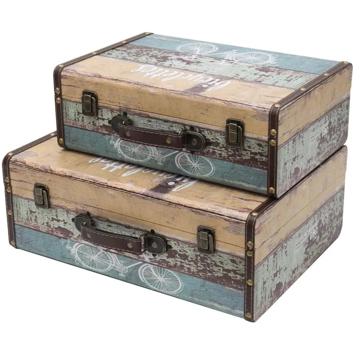 HMF VKO106 Vintage Vintage Koffer Truhe Holzkiste Holz 2er Set Versch Größen Deko Fahrrad