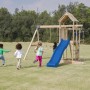 Axi Spielturm Moos mit Doppelschaukel und blauer Rutsche aus FSC®-Holz für Kinder.