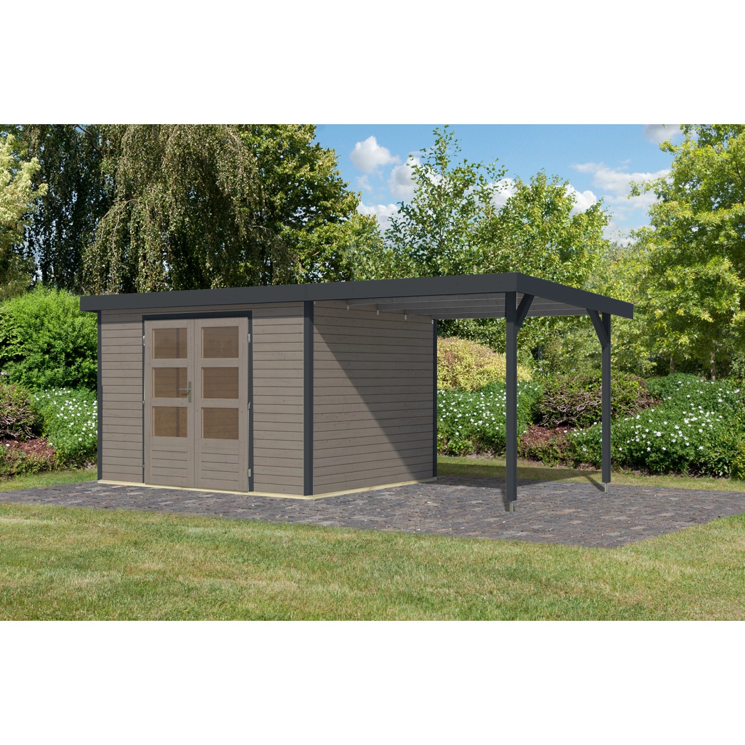 Karibu Gartenhaus Ernesto 5 D Anbaudach Wassergrau/Anthrazit 209 x 298 x 24 günstig online kaufen