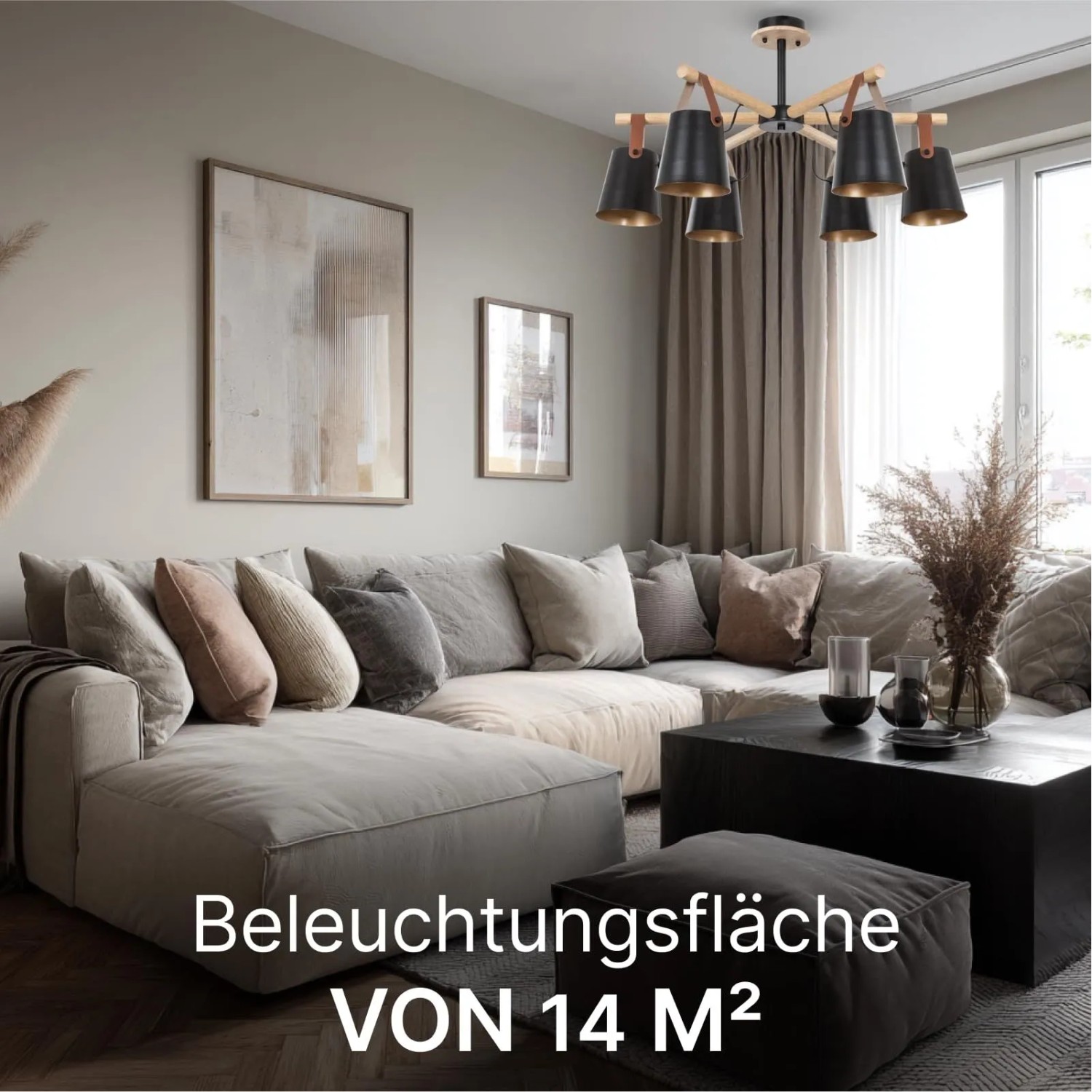 ARTE LAMP LED Deckenleuchte Thomas im Wohnzimmer mit sechs schwarzen Lampenschirmen.