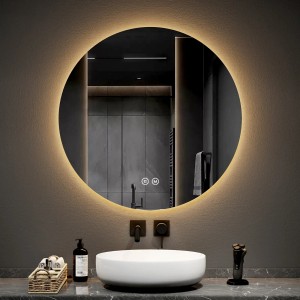 Runder, rahmenloser 80cm LED Badspiegel von Emke mit Touchschalter und 3 Lichtfarben.