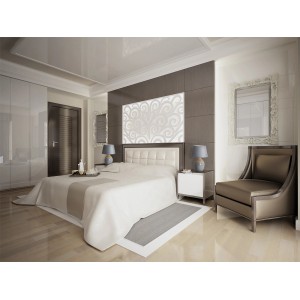 Graue Näve Tischleuchte Sullivan Keramik Ø 20 cm auf Nachttisch im Schlafzimmer.