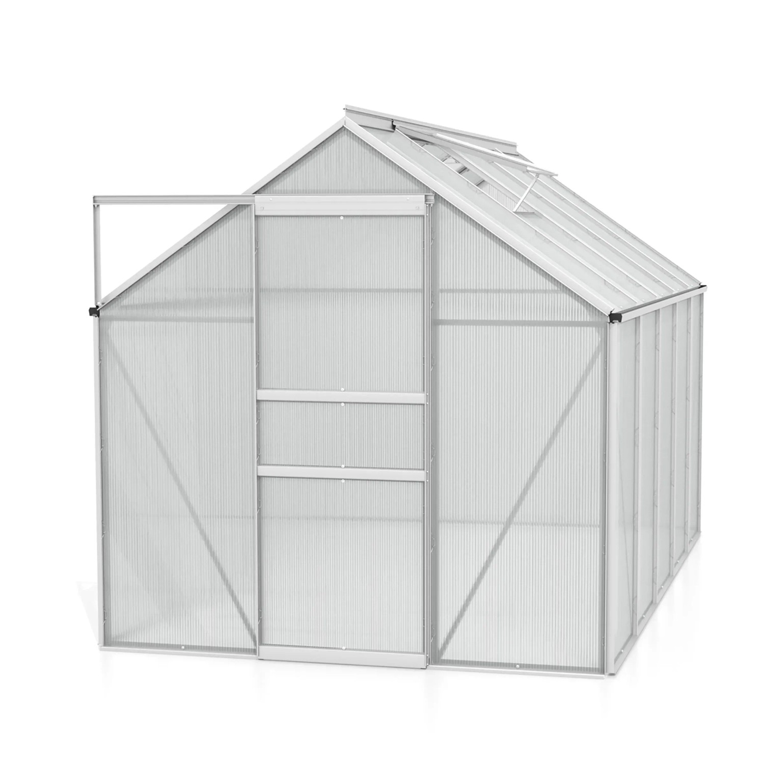Vitavia Gewächshaus Venus 6200, Alu blank, 6,2 m² mit geöffneter Tür.