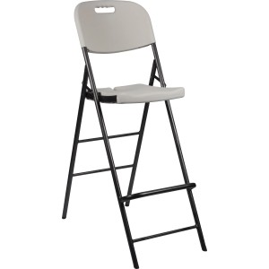 Klappbarer Perel Barhocker mit Rückenlehne aus Kunststoff und schwarzem Metallgestell.