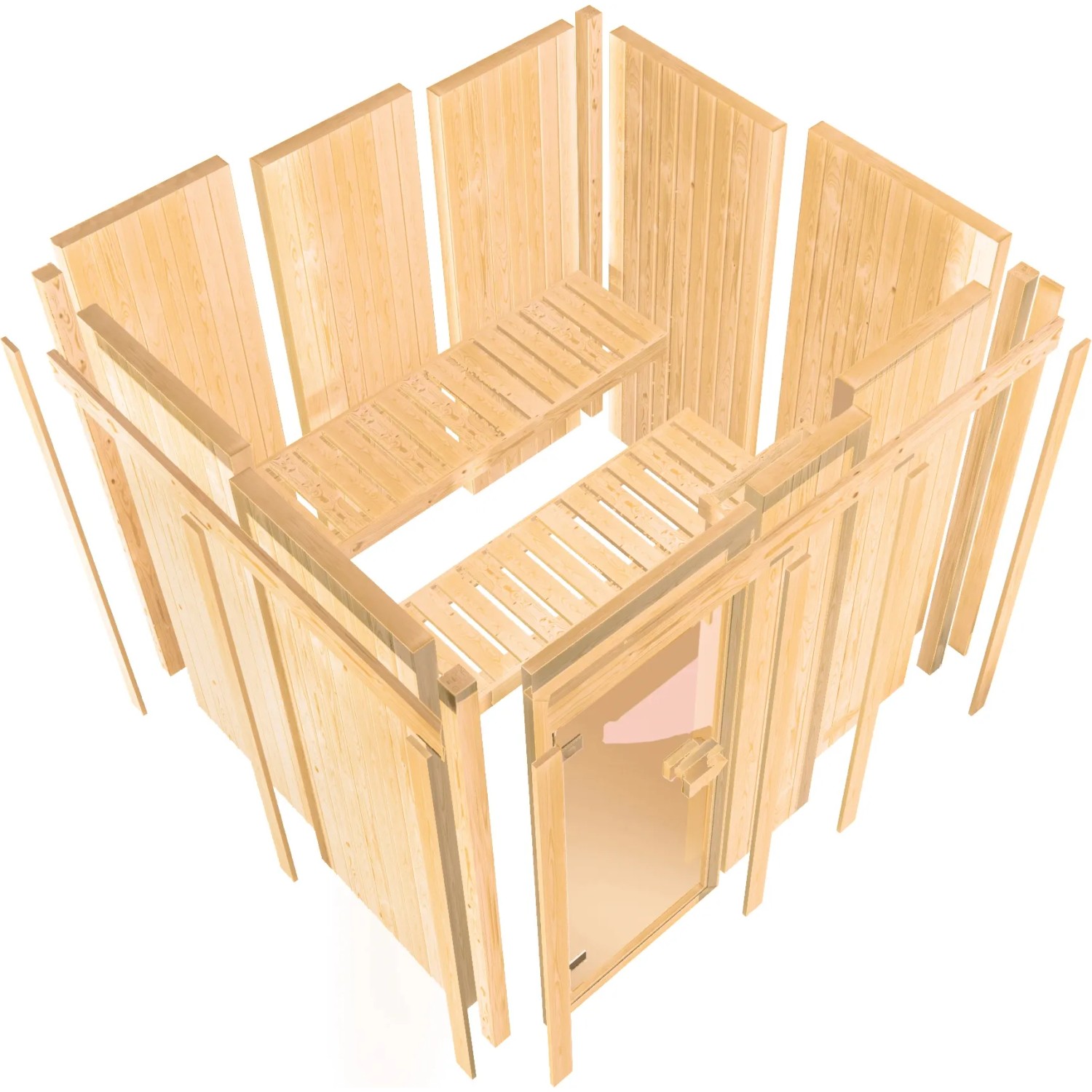 Karibu Sauna-Set Swenna im Aufbau: Elementsauna aus Fichte mit Tür und Liegen.