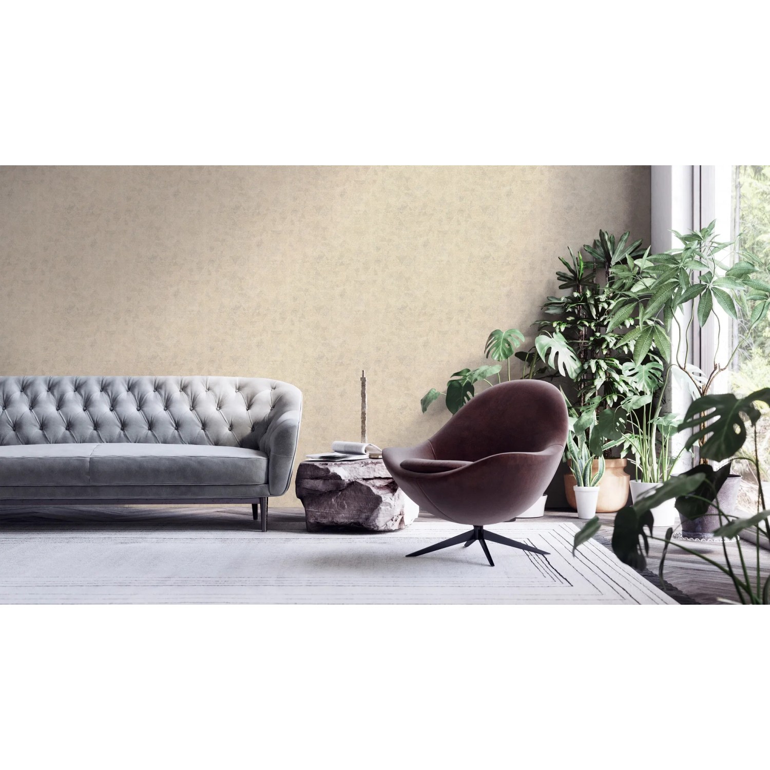 Beige Vliestapete mit geometrischem Muster, leicht glänzend und strukturiert. Dekorative Tapete für Wohnräume.