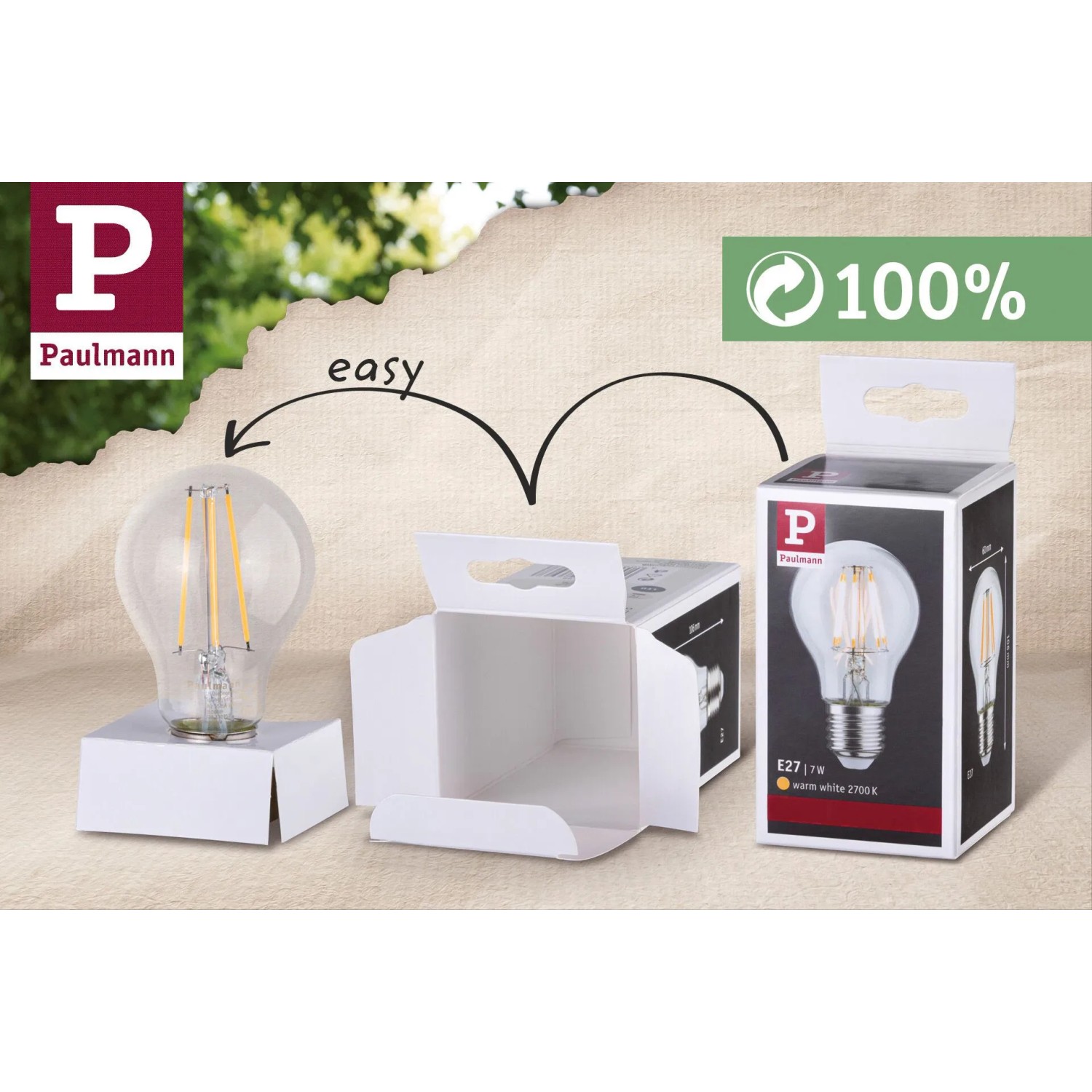 Paulmann E14 LED Leuchtmittel in Tropfenform, mit Verpackung und Hinweisen zur einfachen Handhabung.