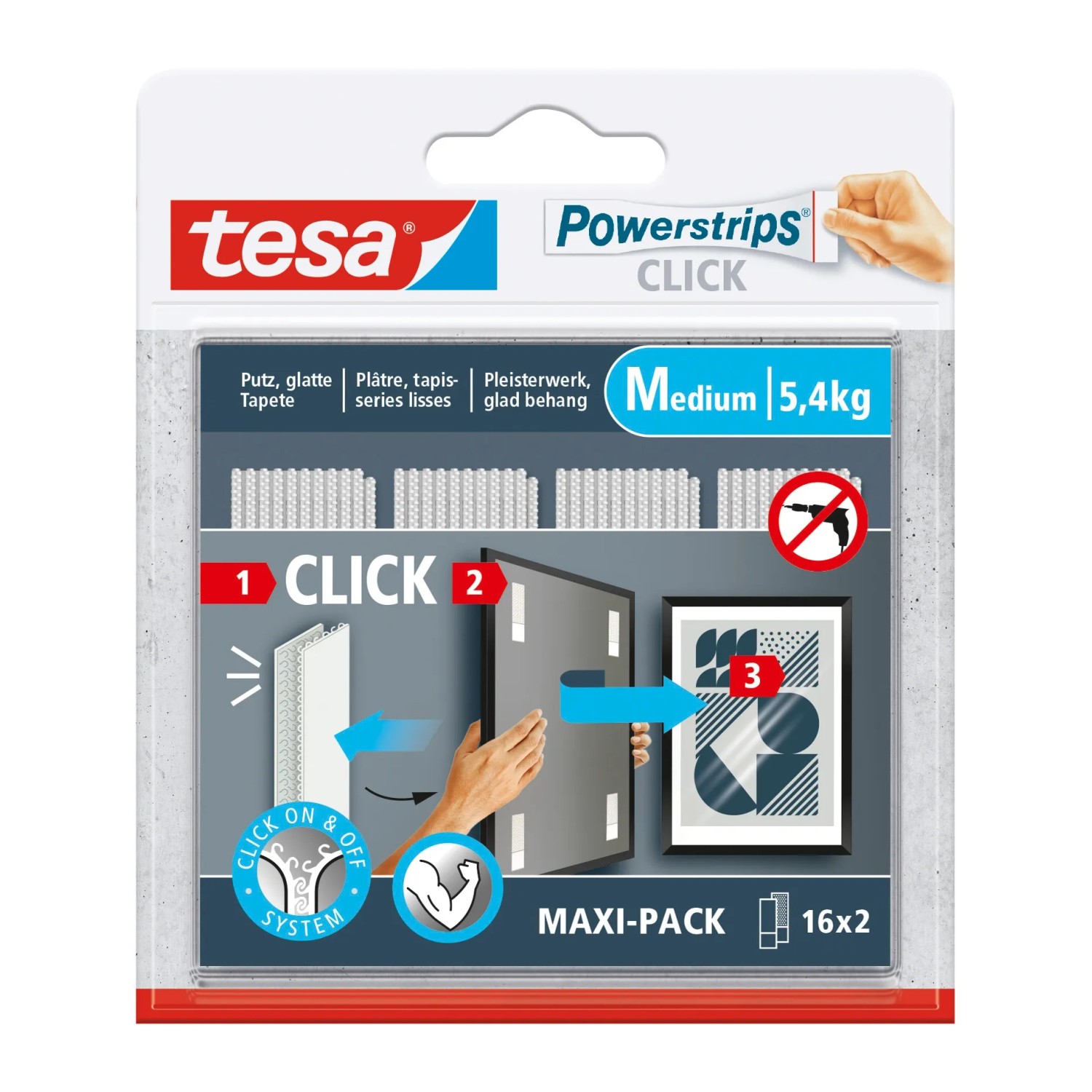 Thumbnail - tesa® Powerstrips CLICK MEDIUM, 5,4 kg, 16 x 2 Streifen Multipack, selbstklebend, für Wandbefestigung