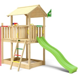 Jungle Gym Spielturm Marvel mit Rutsche, Rutschstange und Sandkasten aus Holz.