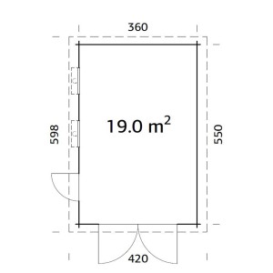 Grundriss Palmako Holzgarage Rasmus: 360x550cm, 19m² Fläche, Holztor, Fenster, Tür.