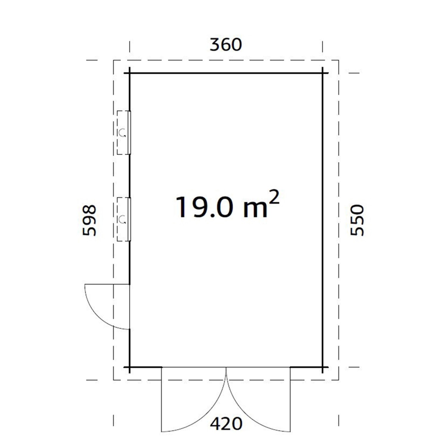 Grundriss Palmako Holzgarage Rasmus: 360x550cm, 19m² Fläche, Holztor, Fenster, Tür.