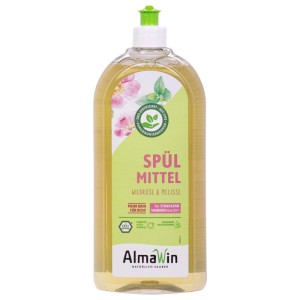 Almawin Spülmittel Wildrose Melisse, 1 Liter, in transparenter Flasche mit grünem Etikett. Für sauberes Geschirr.