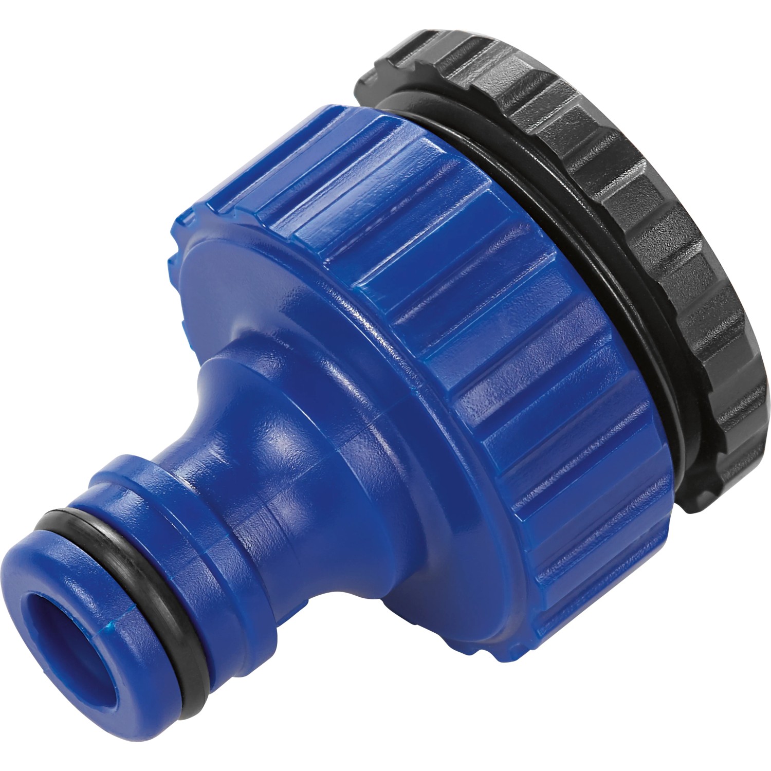 Blauer Hahnverbinder aus dem LUX-TOOLS Gartenbrausen-Set Classic.