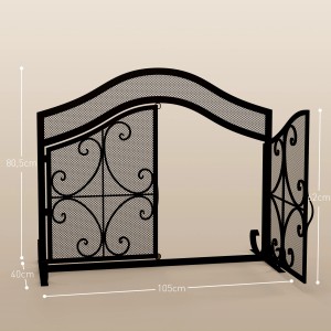 Schwarzes HOMCOM Kaminschutzgitter aus Stahl mit offenstehender Tür und dekorativen Elementen.