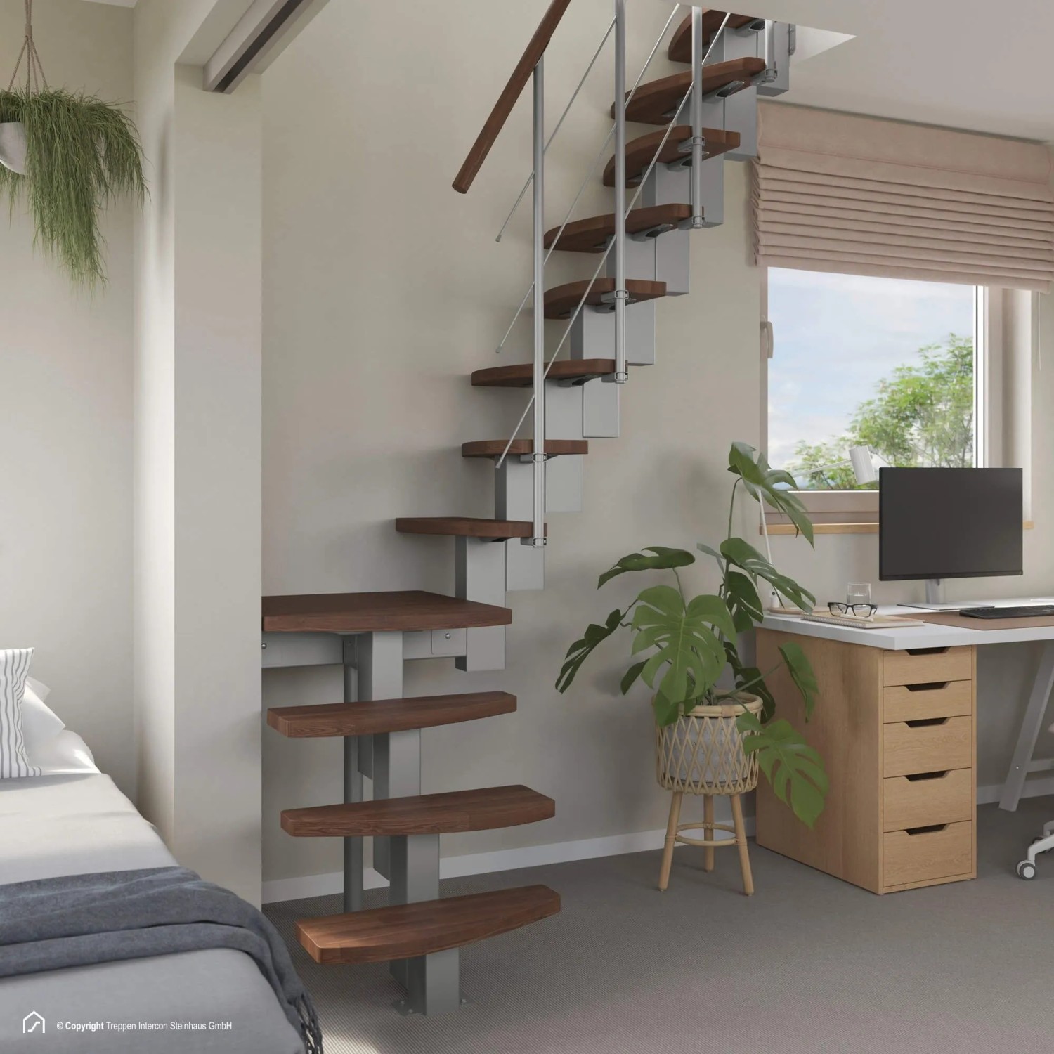 Treppen Intercon Raumspartreppe Quadro Mittelholmtreppe 12 Stufen Buche Dunkel Walnuss Massiv Metallfarbe Italo-Silber E...