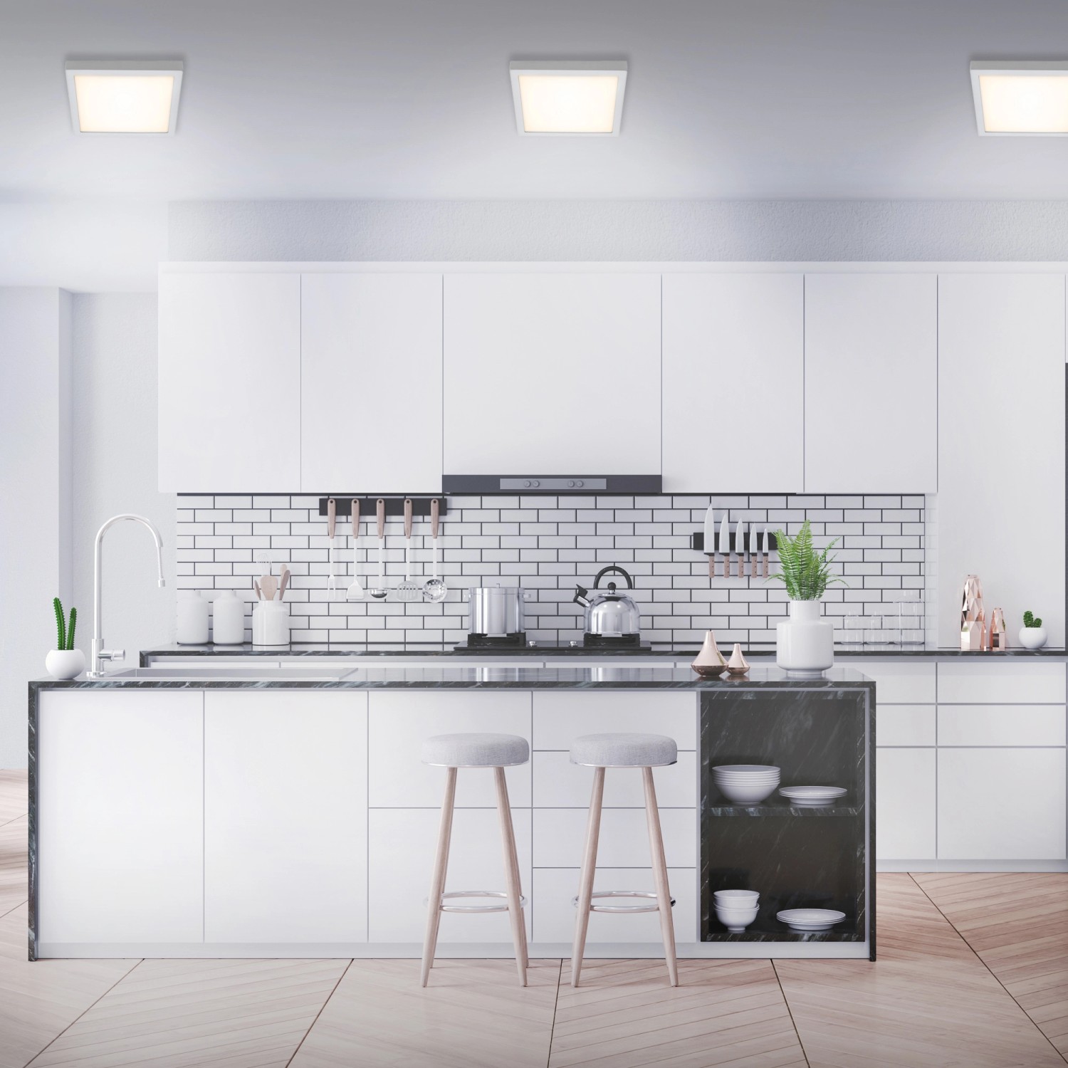 Briloner LED Deckenlampe, Chrom matt, 30x30cm, warmweißes Licht in moderner Küche.