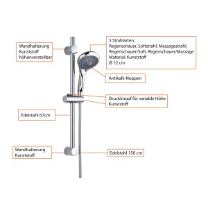 Eisl WELLY Stangenbrauseset Chrom: Brausestange mit Handbrause und 5 Strahlarten für Duschkomfort.