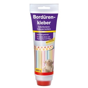 Bordürenkleber 250g Tube mit integrierter Auftragsbürste. Für Bordüren aus Papier, Vinyl und Vlies.