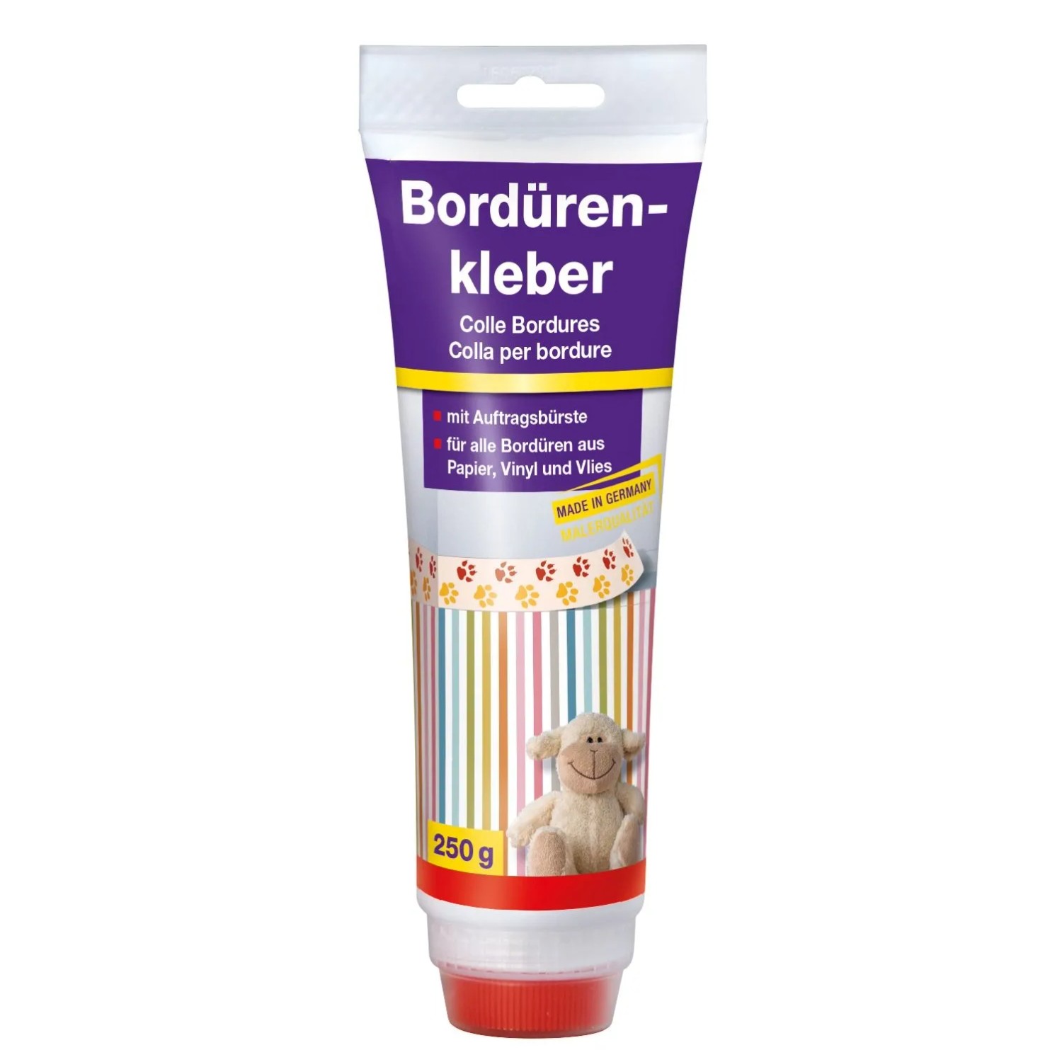 Bordürenkleber 250g Tube mit integrierter Auftragsbürste. Für Bordüren aus Papier, Vinyl und Vlies.