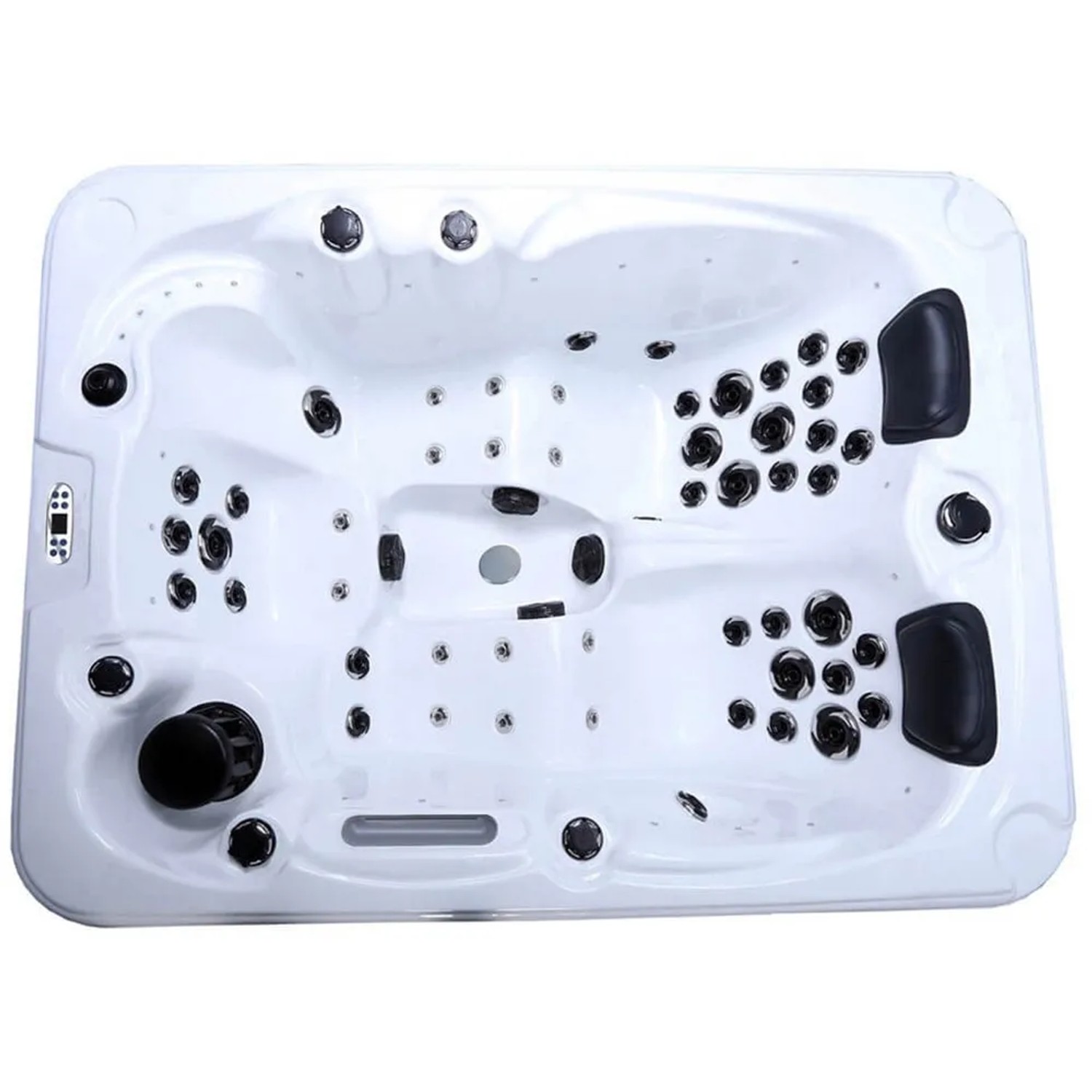 Home Deluxe Outdoor Whirlpool Beach Plus für 2 Personen, weiße Innenwanne mit schwarzen Düsen und Kopfstützen.