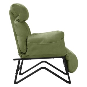 Grüner ML-Design Relaxsessel mit Leinenbezug, Armlehnen und Fußablage, Seitenansicht.