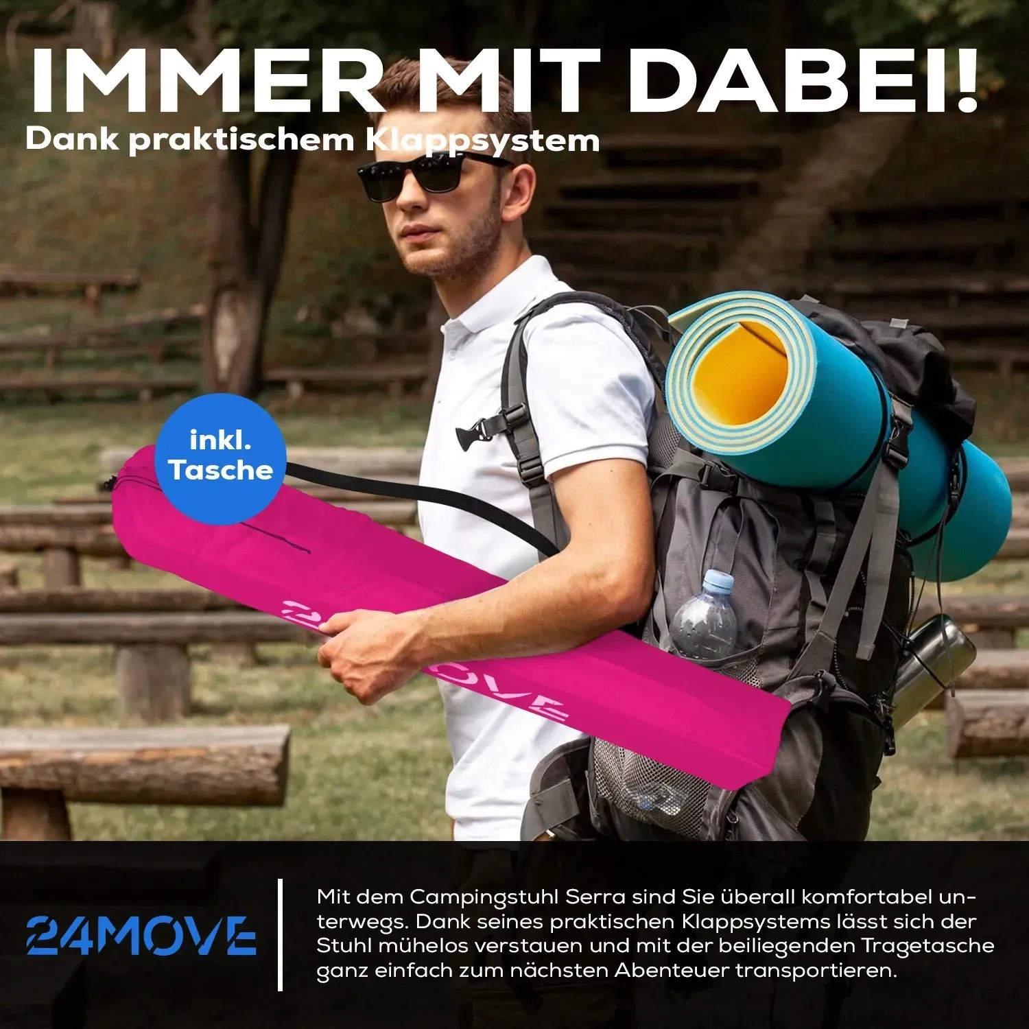 Pinker 24Move Campingstuhl Faltstuhl mit Tragetasche. Klappstuhl für Outdoor-Aktivitäten.