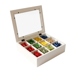 Relaxdays Teebox Bambus Weiß mit 12 Fächern Sichtfenster 8 cm x 28 cm x 23 cm