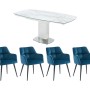 Vente-unique Essgruppe Talicia: Weißer Esstisch mit Marmor-Optik und 4 blaue Polsterstühle.