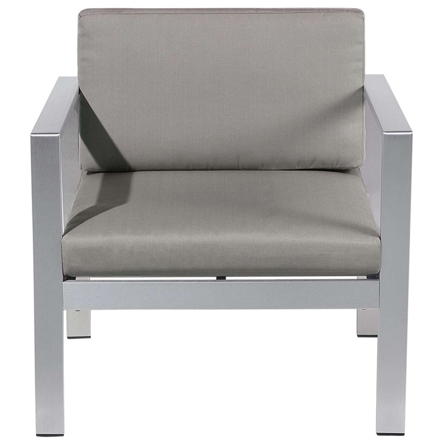 Grauer Beliani Gartenstuhl (70x77x80 cm) mit Aluminiumrahmen und Polster.