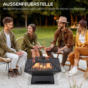 Schwarze Furnicato Feuerschale aus Edelstahl mit Funkenschutz, umgeben von Personen.