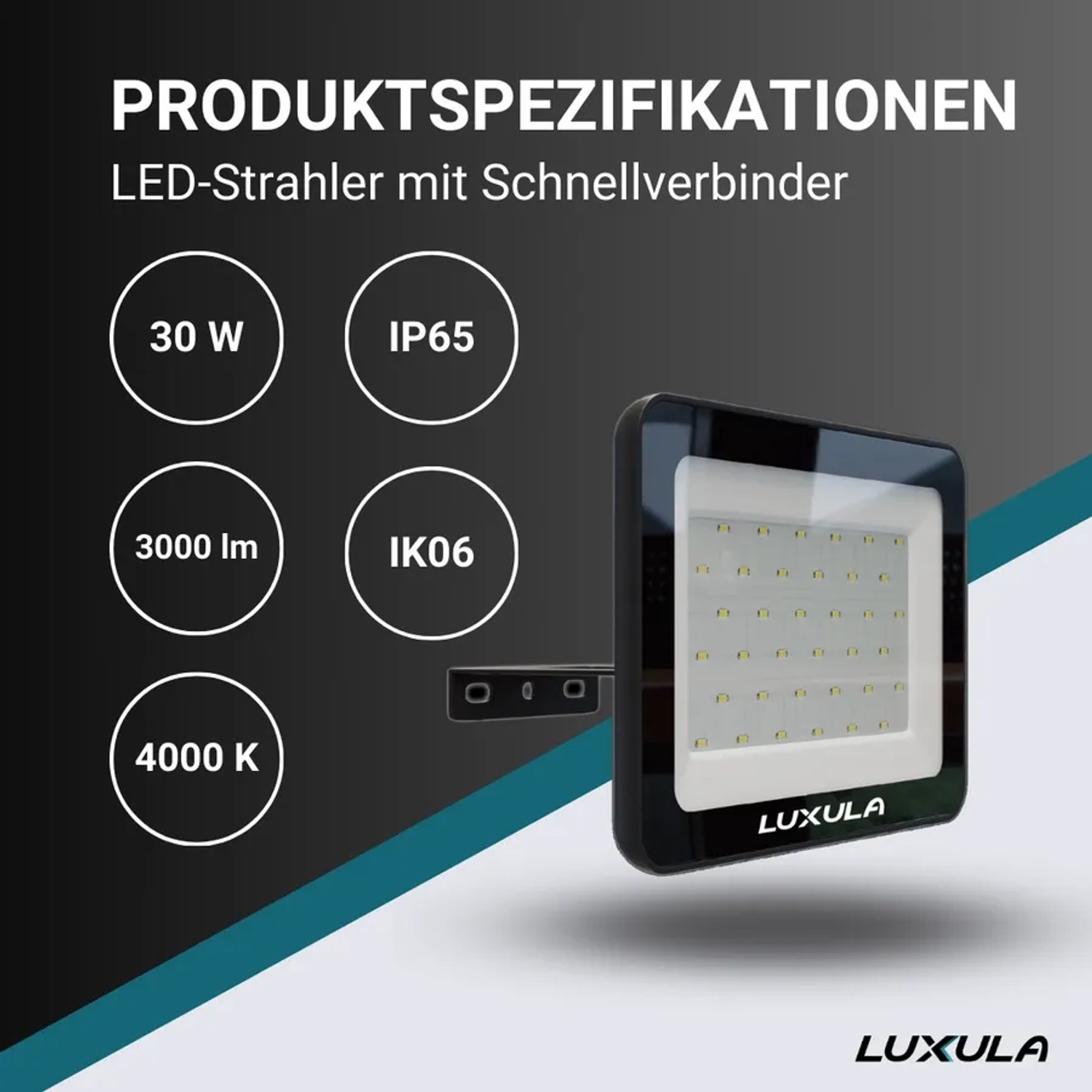 Schwarzer LUXULA LED Strahler 30W mit Schnellverbinder für Außen, neutralweißes Licht.