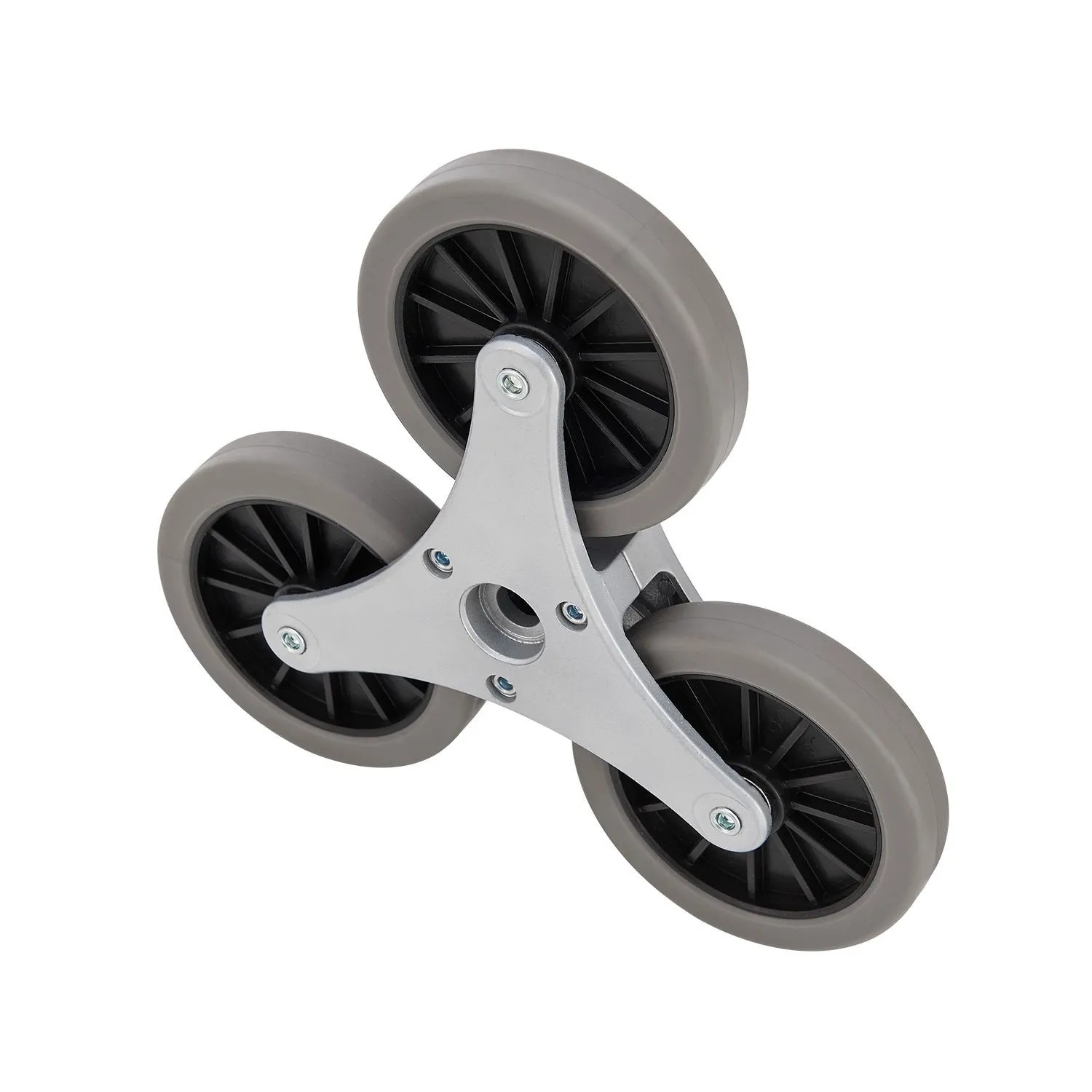 Detailaufnahme des 3+3 Radsystems der Juskys Treppensackkarre, grau/schwarz.