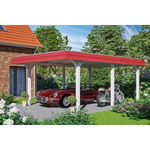 Weißer Skan Holz Carport Wendland mit roter Blende, passend für Auto und Motorrad.
