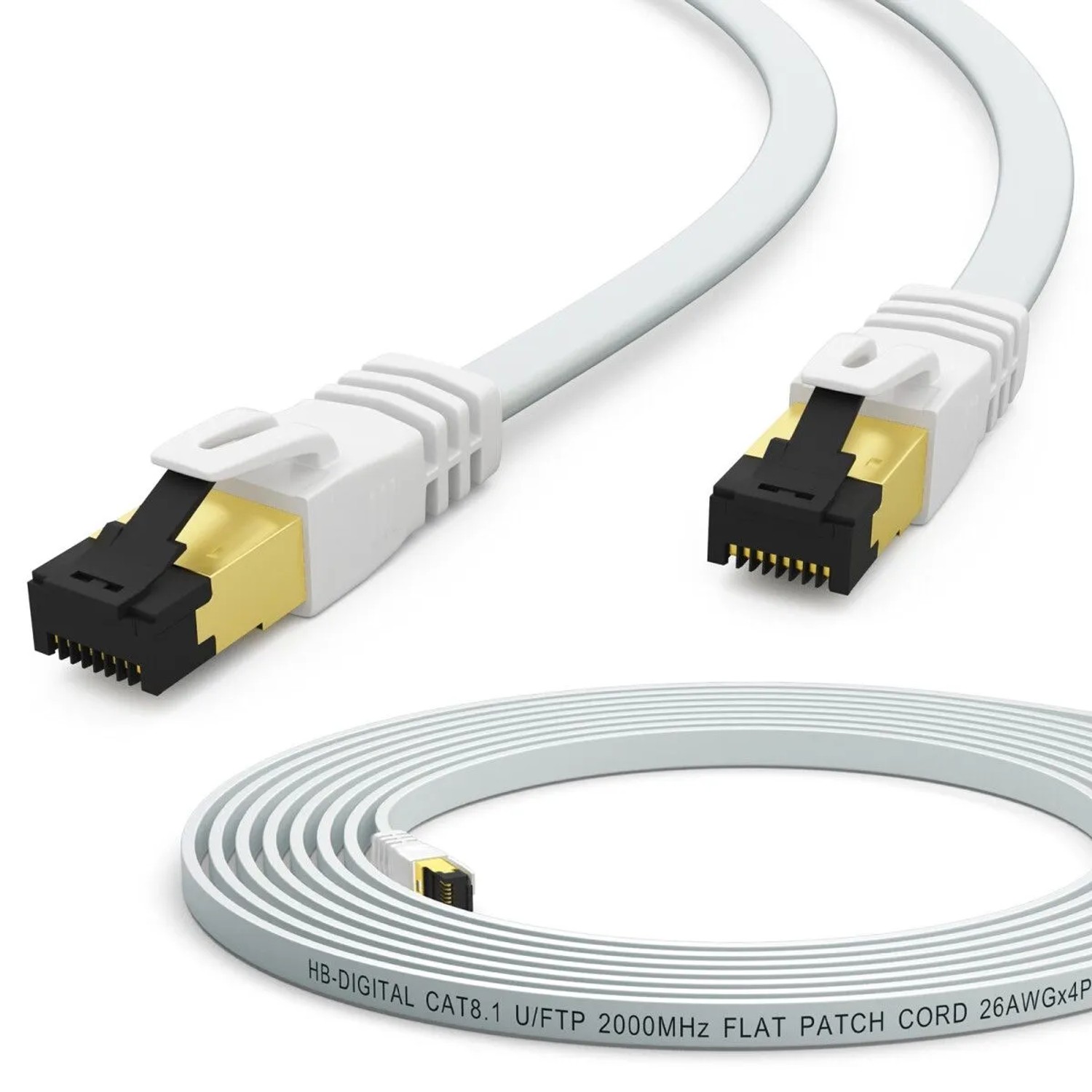hb-digital Netzwerkkabel 7,5m Flach CAT 8.1 RJ45 U/FTP PVC 40Gbps 2000 MHz Reines Kupfer Weiß