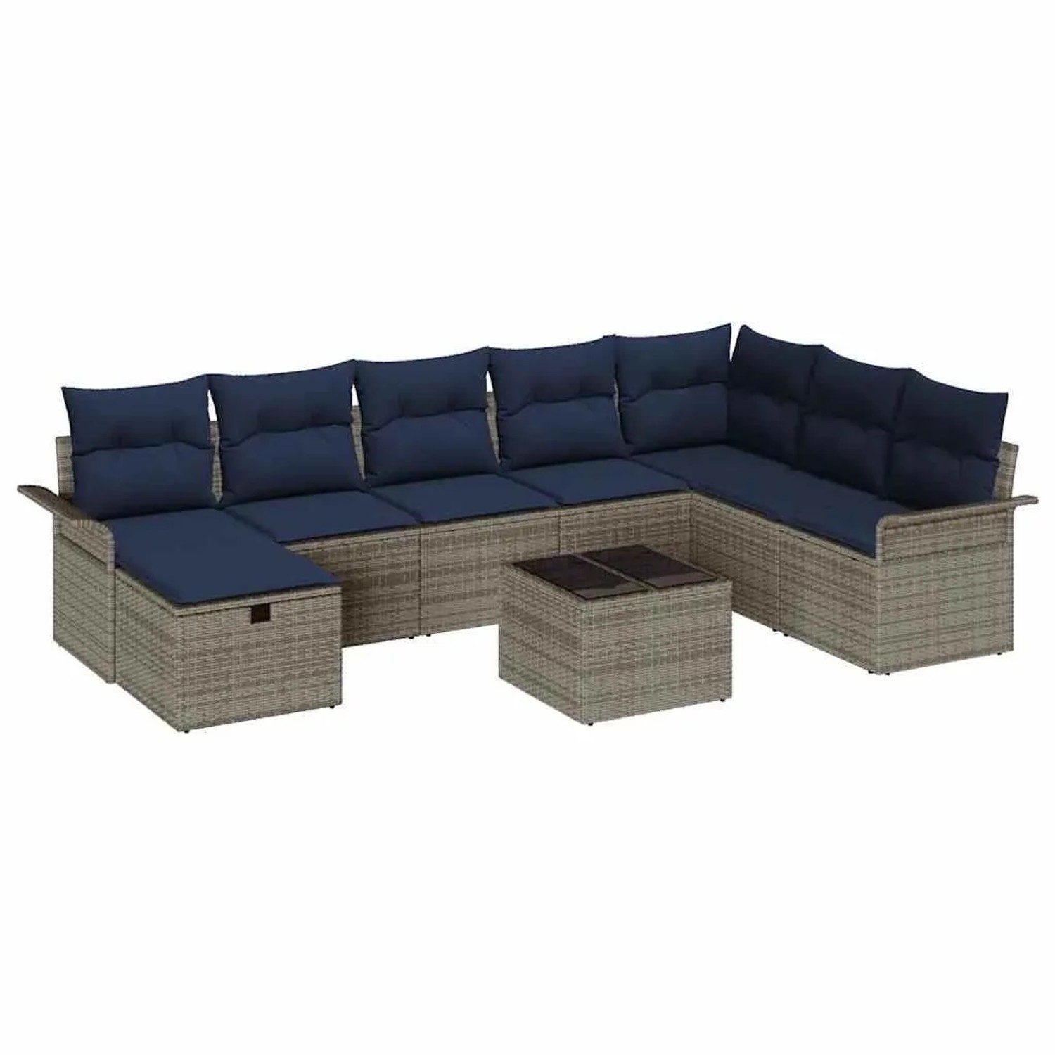 vidaXL Gartensofa-set mit Kissen 9 Stk Grau und Marineblau Poly-Rattan 3358944
