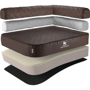 Knuffelwuff Eck Hundebett Winslow XXL, orthopädisch, Kunstleder braun, mit Memory Foam Matratze.