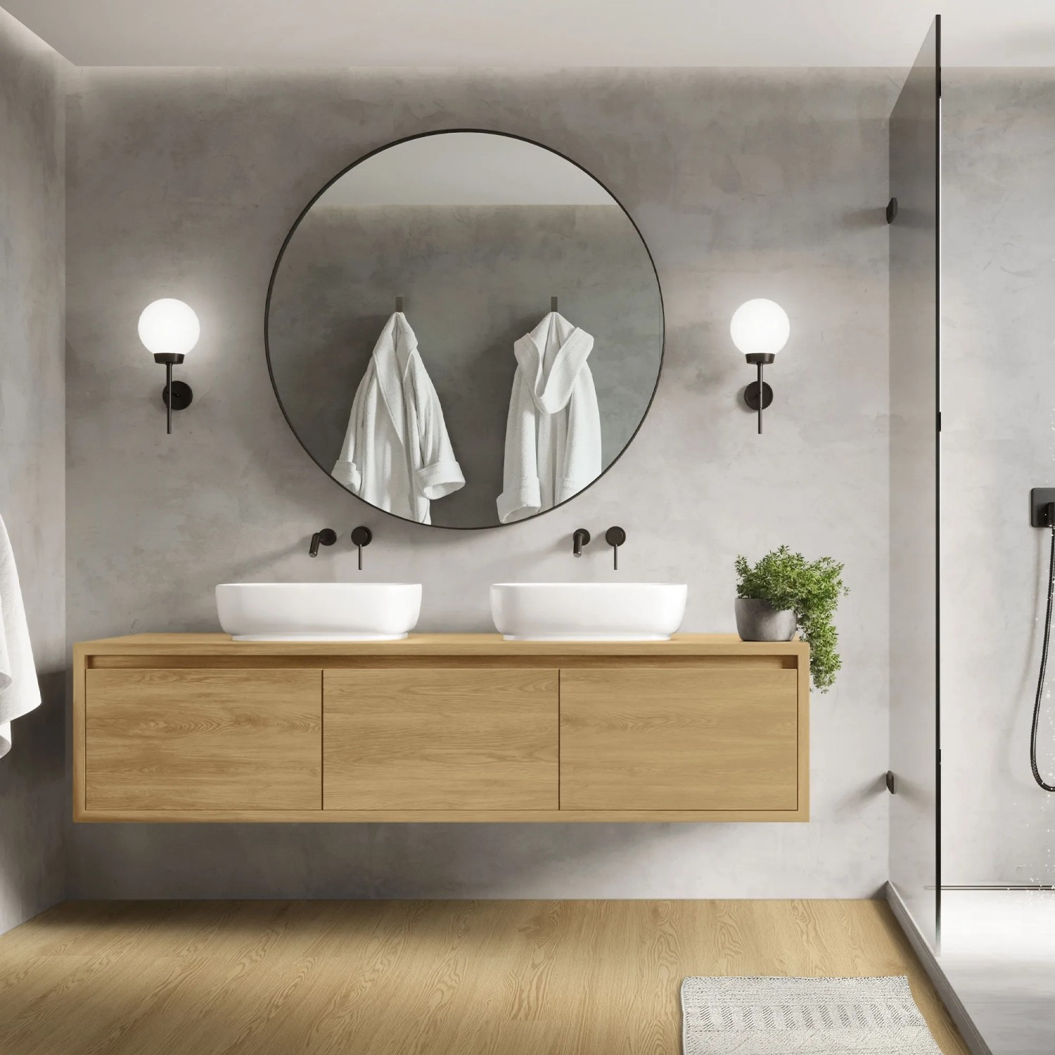 Modernes Bad mit ML-Design Vinylboden in Natur Eiche. Selbstklebende Dielen für einfache Renovierung.