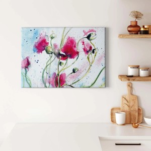 Leinwandbild mit abstraktem Blumenmotiv in Pink und Grün. Modernes Kunst Bild für Wohn- und Schlafzimmer.