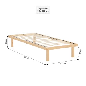 Homestyle4u Holzbett 90x200 cm mit Lattenrost und Matratze, Kiefer massiv, Natur
